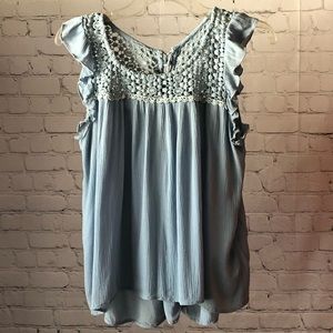SHIRT - Women's Bila light blue flowy crochet crinkle top. Size medium petite